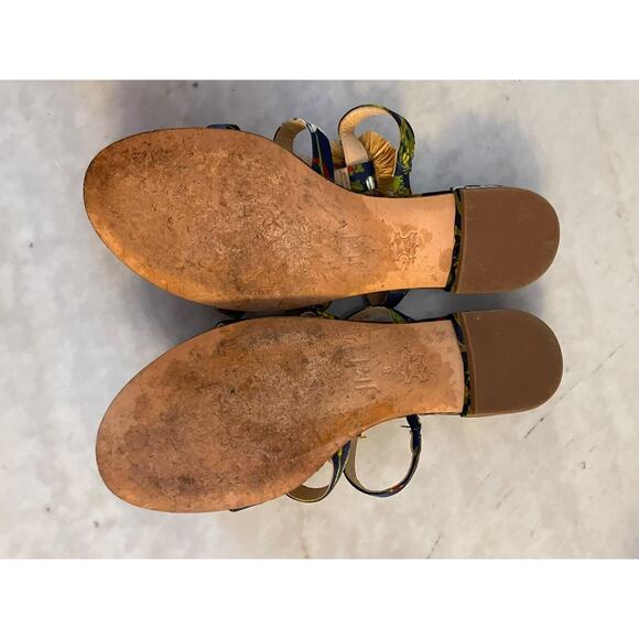 J. McLaughlin Mandy Floral Pom Pom Sandals Slides‎ Size 8 Leather Blue Raffia - Picture 5 of 5